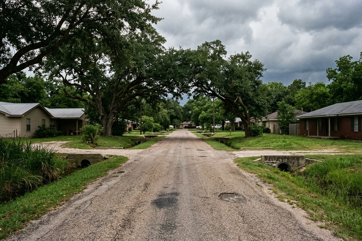 A residential street with no kerb or pavement, grassed drainage ditches on both sides crossed by concrete driveway culverts, single storey houses behind, heavy clouds building, nobody in frame