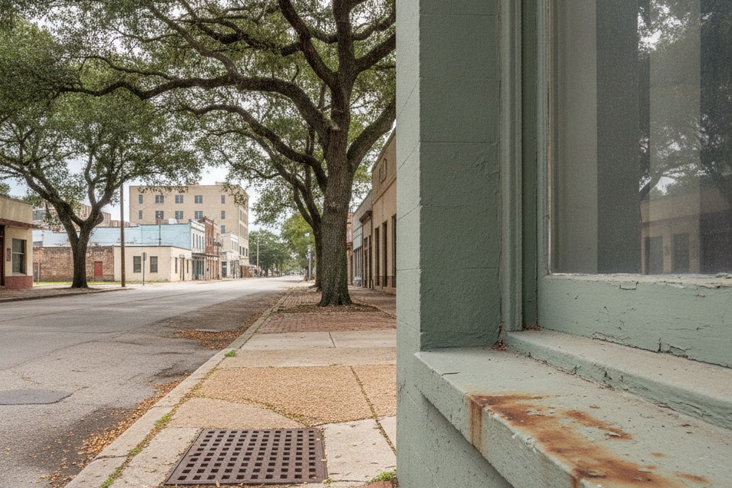 A street of mismatched low buildings under big live oaks seen past the painted frame and worn sill of a window at its edge, strong afternoon light, nobody in frame