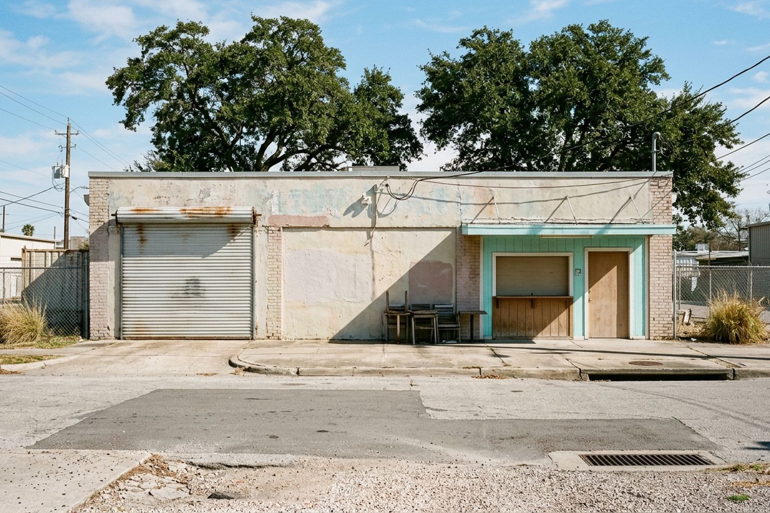 A low masonry building on a bare street with two separate doors about thirty feet apart, one industrial with a roll up shutter and one a small eating place with a window, harsh midday light and a narrow band of shade on the pavement